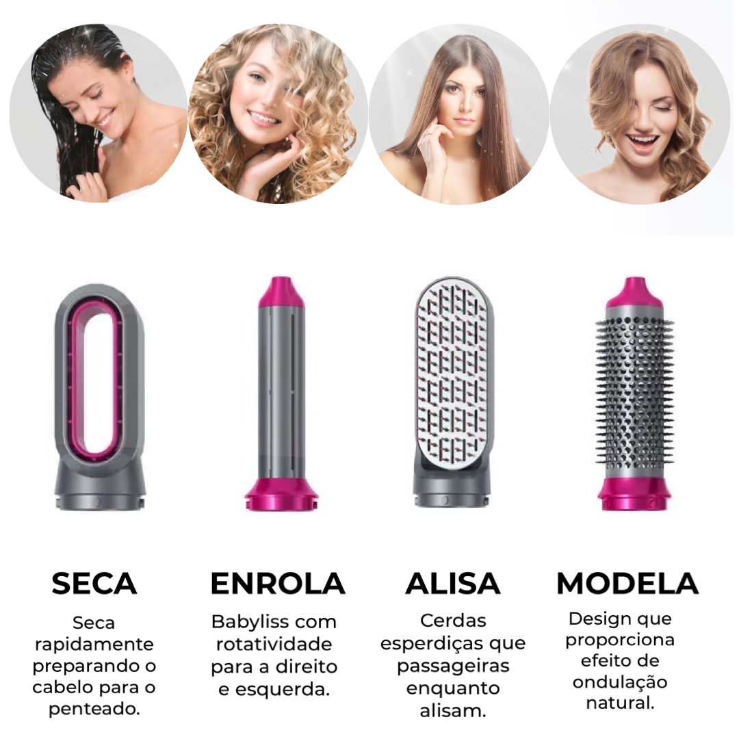 Vibely Hair - Escova 5 em 1 (Seca, Alisa, Cacheia, Modela e Ondula)